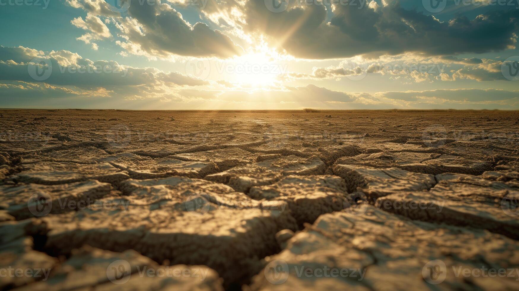 AI generated Wars impact barren landscape stretching to the horizon, emblematic of agricultural devastation from conflict-induced famine. Dry earth cracked under the harsh sun. photo