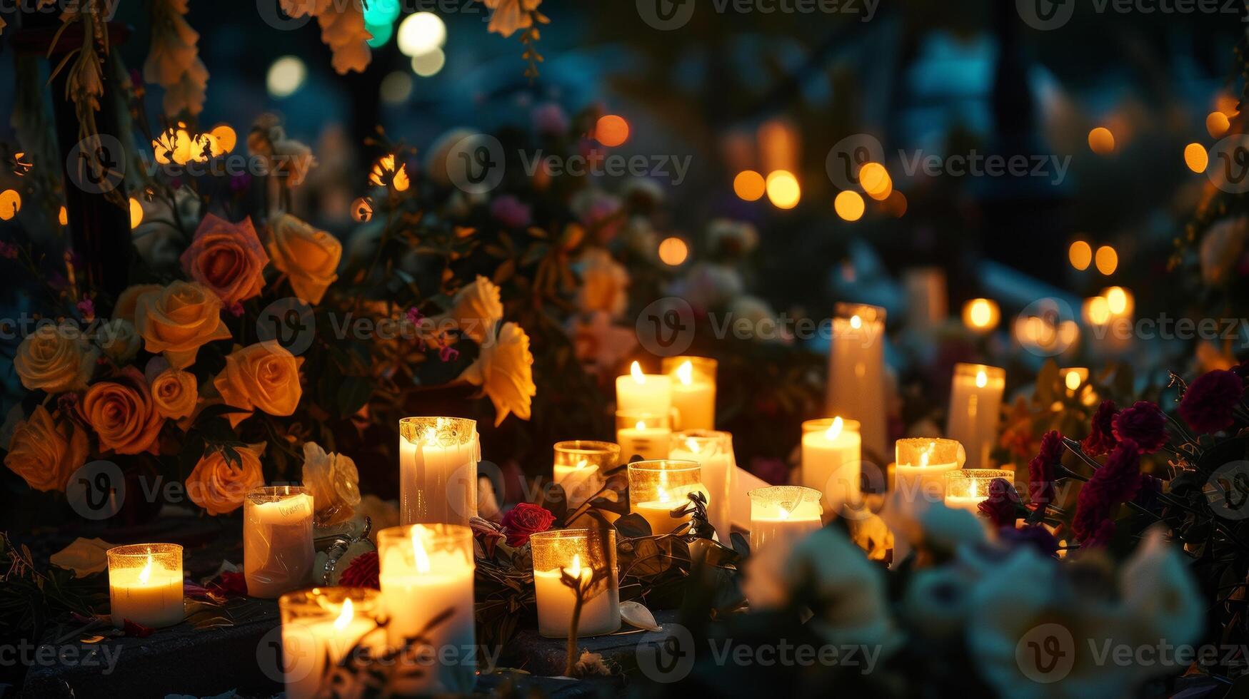 AI generated A memorial with flowers and candles for those lost in a bomb attack, the light casting a solemn mood on the gathered mourners. photo