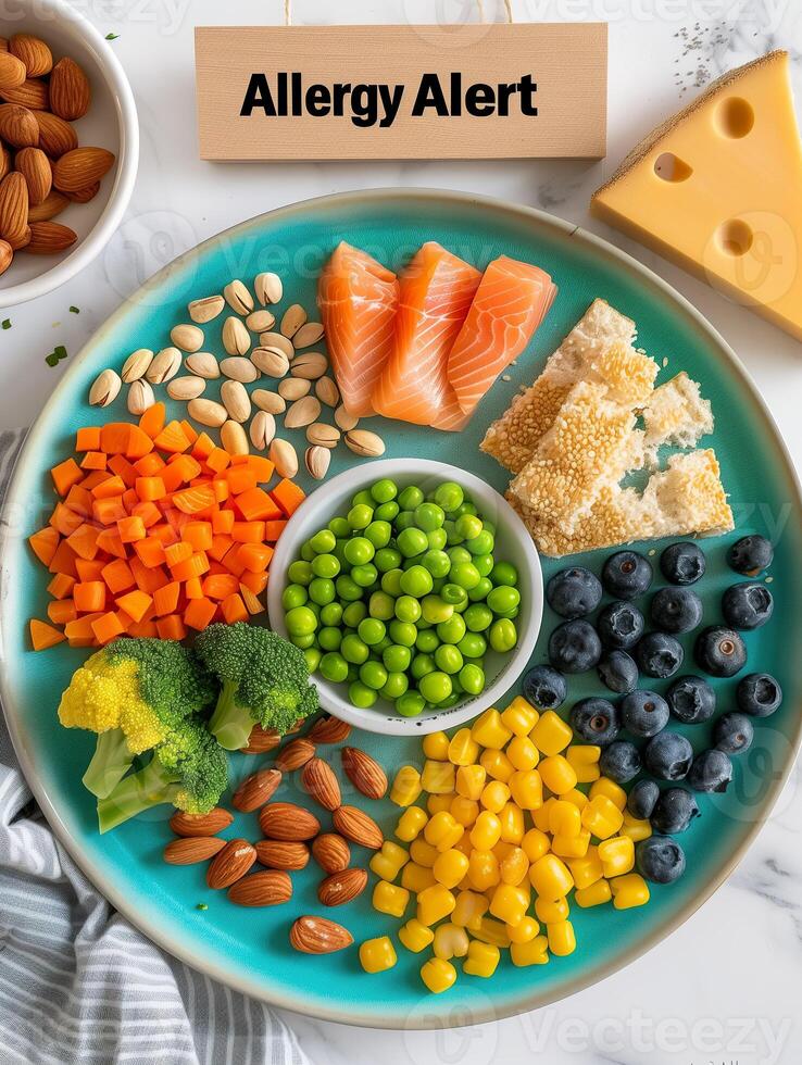 AI generated An array of nutrient-dense foods thoughtfully presented with an 'Allergy Alert' sign to promote awareness. Generative AI. photo
