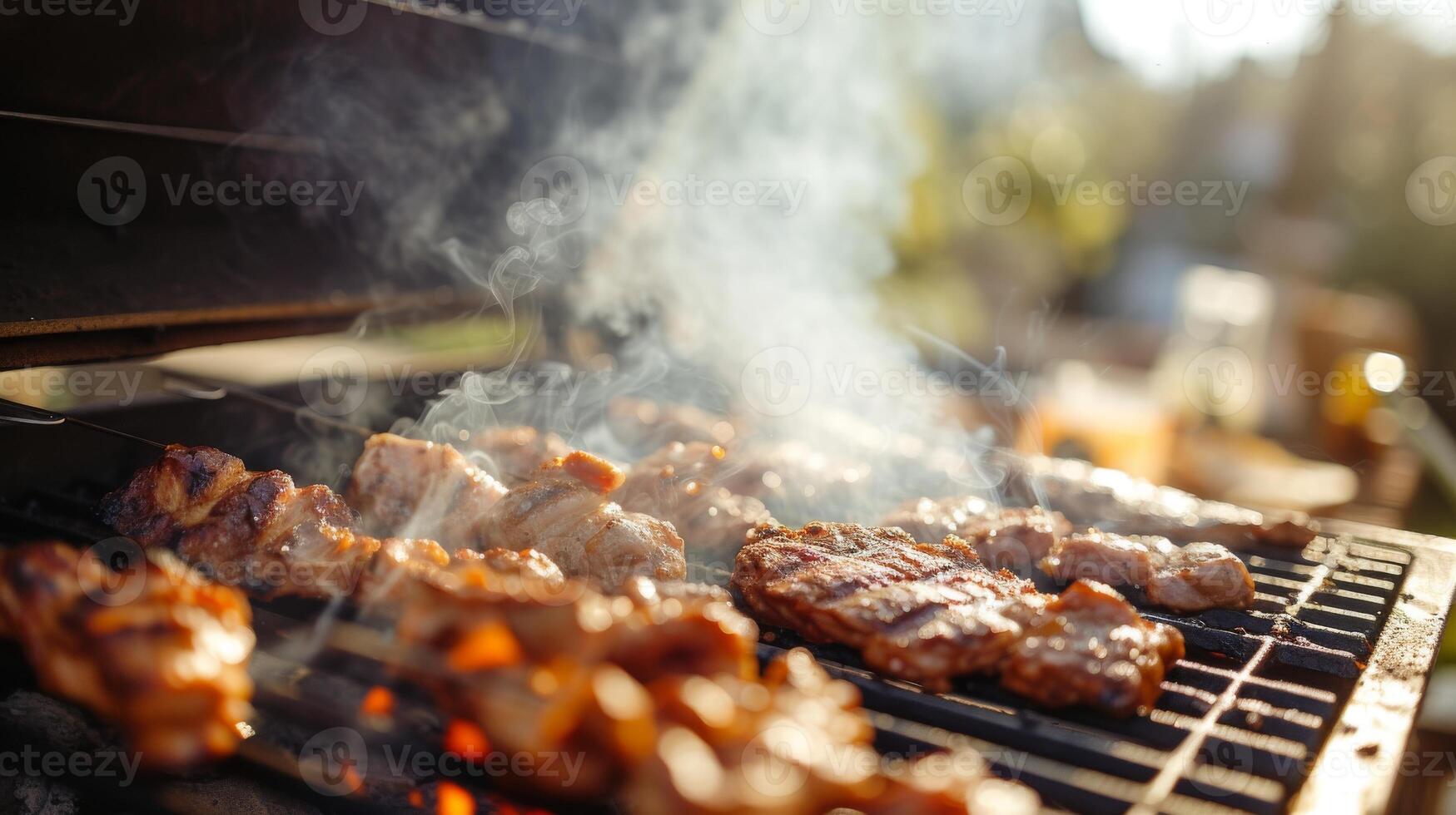 ai generado un ardiente parilla parrilla con parentesco y parientes, con fumar bocanadas creciente en un soleado verano cielo. foto