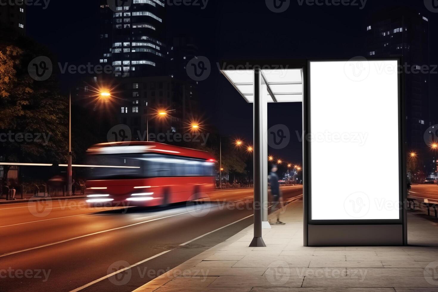 AI generated Blank advertisement billboard mockup at a bus stop with a bus on road photo