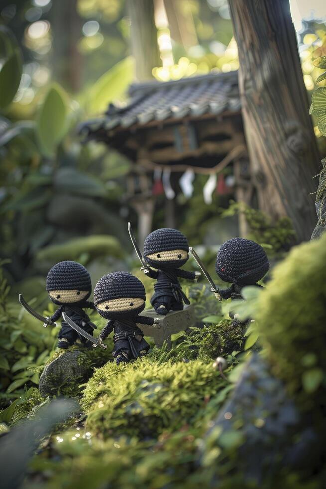 AI generated Whimsical Adventure. Ninja-Themed Amigurumi Characters Embark on an Epic Journey. Dynamic Poses and Dramatic Lighting Create a Playful Scene in Top-Down Shot. photo