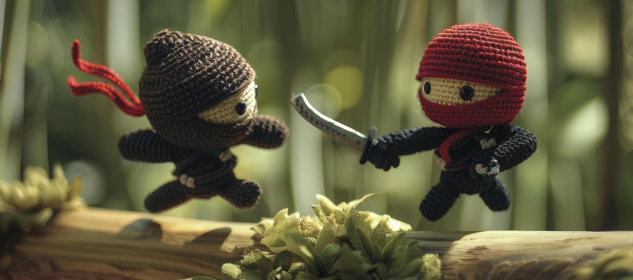 AI generated Whimsical Adventure. Ninja-Themed Amigurumi Characters Embark on an Epic Journey. Dynamic Poses and Dramatic Lighting Create a Playful Scene in Top-Down Shot. photo