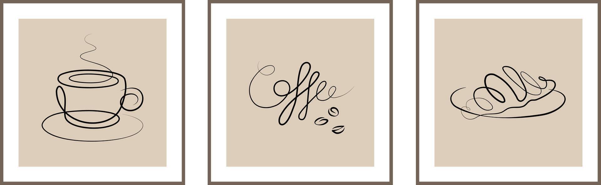 Three posters set of elegant prints posters one line wall-art coffee break breakfast beige black picture vector