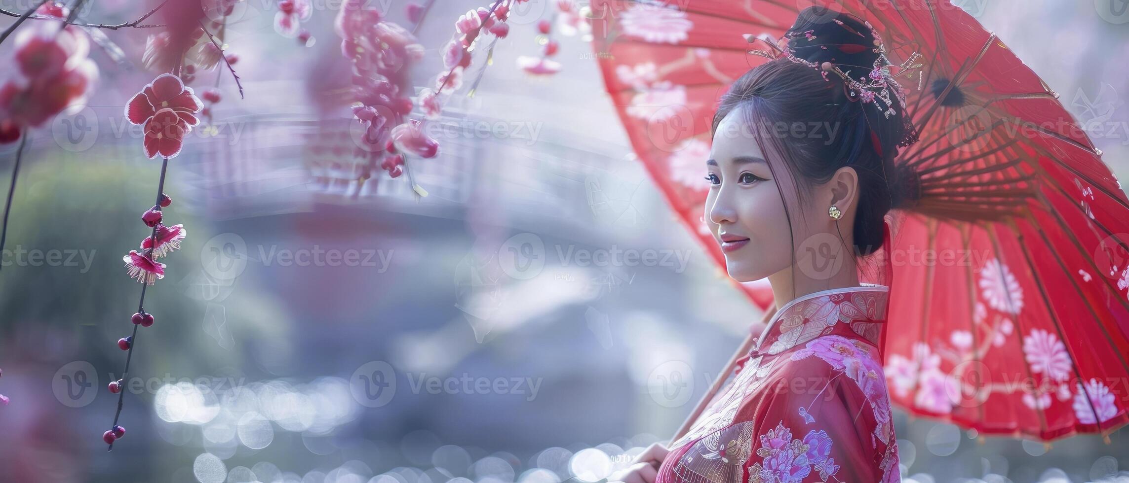 AI generated Grace Amidst Nature. A Beautiful Woman Adorned in a Traditional Chinese Cheongsam Stands in a Classical Garden, Holding an Oil-Paper Umbrella, Surrounded by Blooming Plum Blossoms. photo