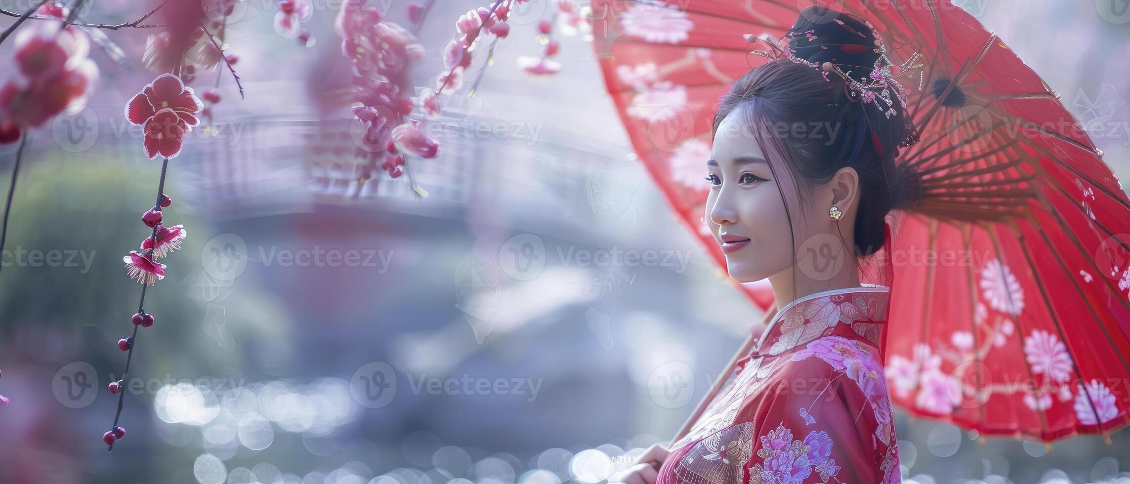 ai generado gracia en medio de naturaleza. un hermosa mujer adornado en un tradicional chino cheongsam soportes en un clásico jardín, participación un papel de aceite paraguas, rodeado por floreciente ciruela flores foto