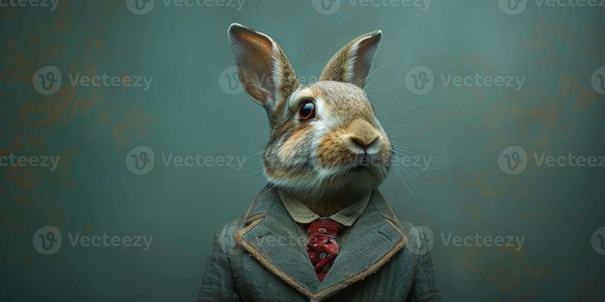 AI generated A rabbit is depicted wearing a formal suit and tie, exuding an air of sophistication and elegance. The rabbit appears poised and ready for a professional setting photo