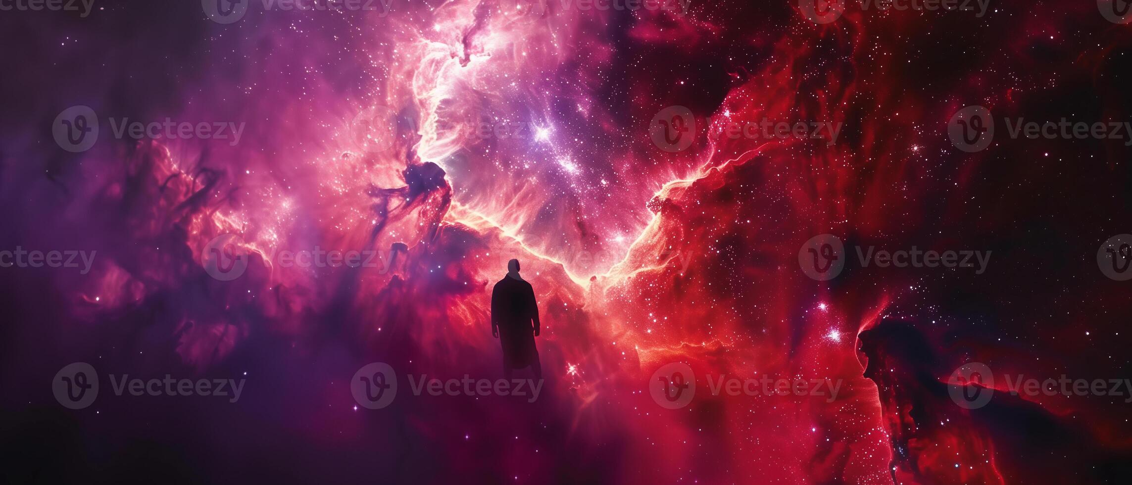 AI generated a silhouette of a man floating on the backdrop of a massive, dark red purple galaxy in space photo