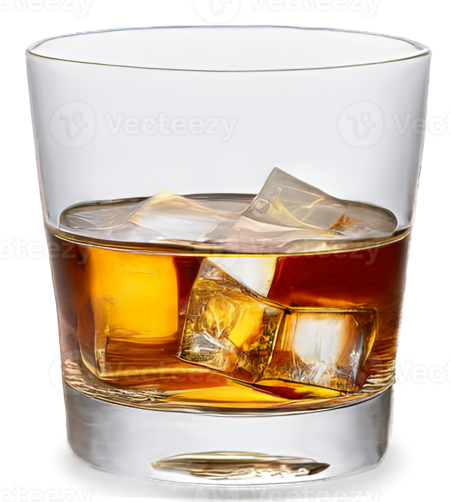 AI Generated Whiskey in glass with ice - close-up view on transparent background. png