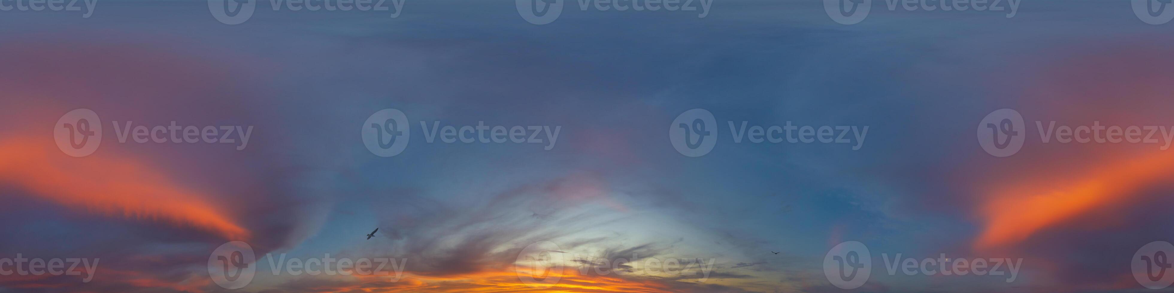 Panorama of a dark blue sunset sky with pink Cumulus clouds. Seamless hdr 360 panorama in spherical equiangular format. Full zenith for 3D visualization, sky replacement for aerial drone panoramas. photo