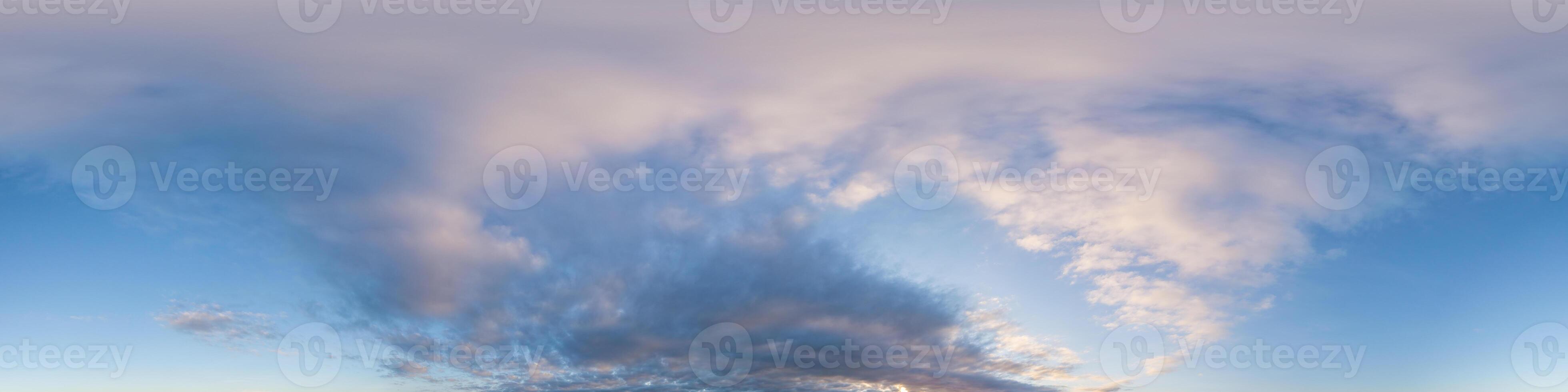 Dark blue sunset sky panorama with pink Cumulus clouds. Seamless hdr 360 panorama in spherical equirectangular format. Full zenith for 3D visualization, sky replacement for aerial drone panoramas. photo