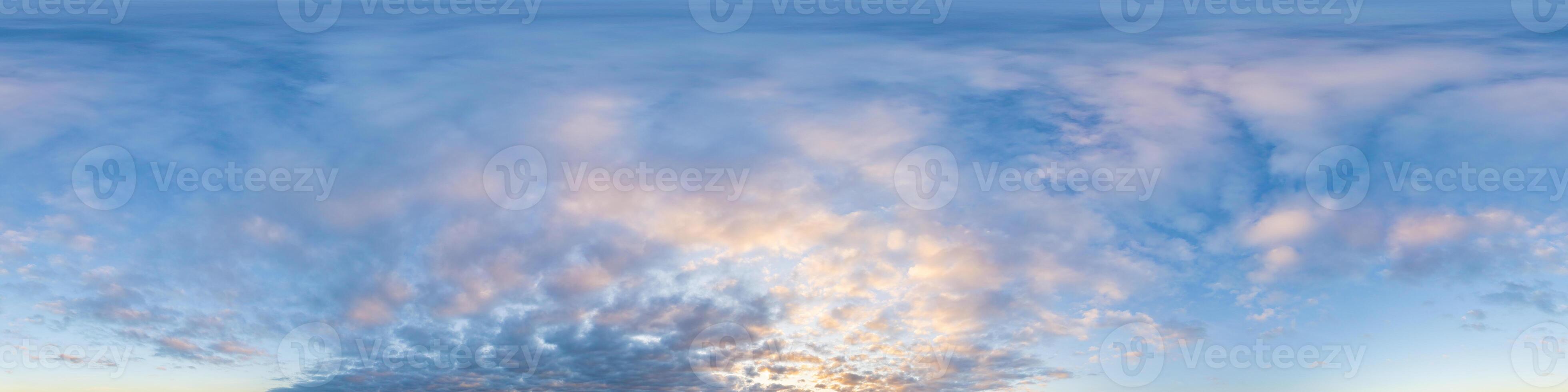 Dark blue sunset sky panorama with Cumulus clouds. Seamless hdr pano in spherical equirectangular format. Complete zenith for 3D visualization, game and sky replacement for aerial drone 360 panoramas. photo