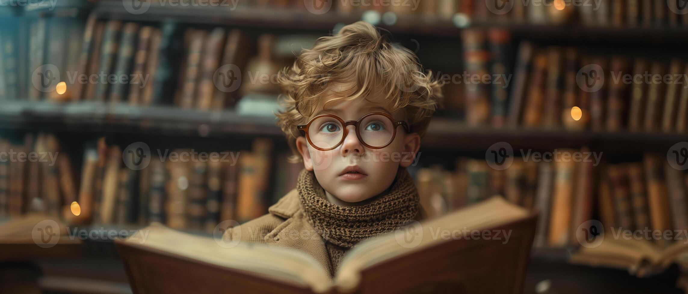 AI generated a curious boy with thick-rimmed glasses and scarf reading a thick book in a library, world book day concept photo