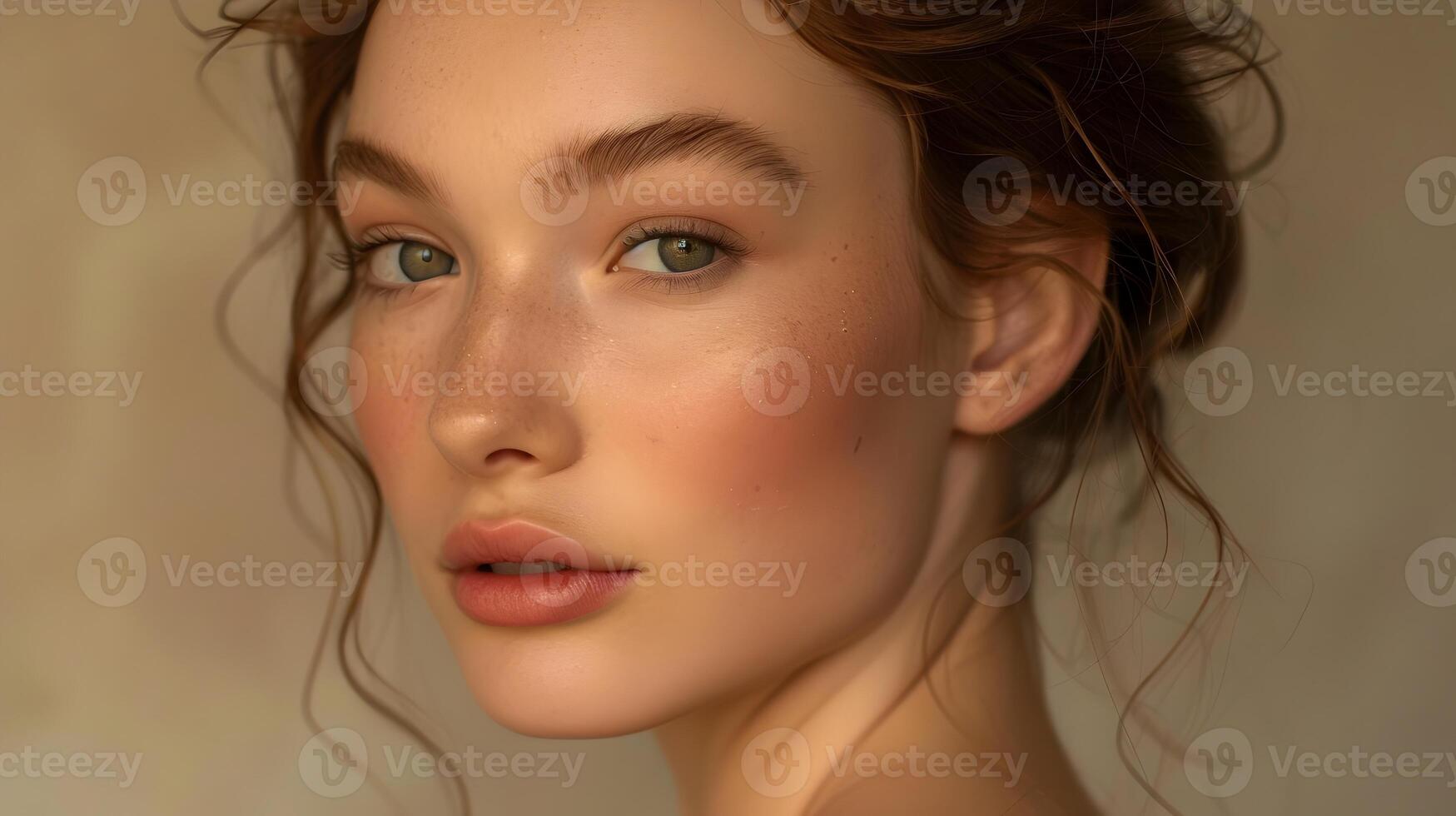 AI generated Elegant Portrait of a Woman with Soft Pink Lips and Radiant Skin, To showcase the beauty of a woman through a close-up portrait with a focus on her photo