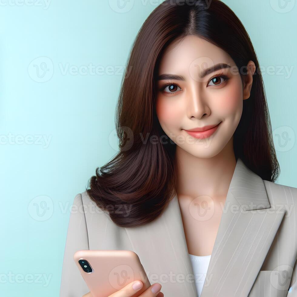 AI generated Portrait of a fictional girl in a pink suit. Isolated on a plain pastel colored background photo