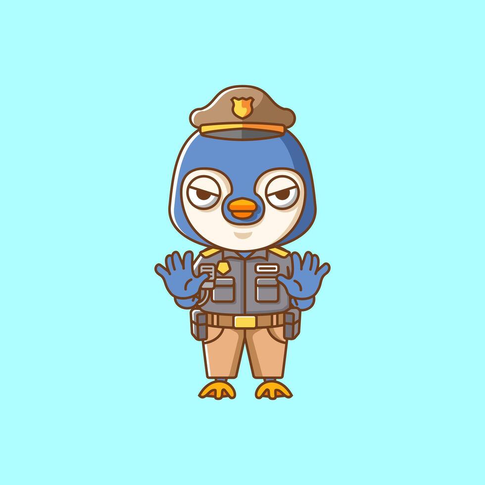 linda pingüino policía oficial uniforme dibujos animados animal personaje mascota icono plano estilo ilustración concepto vector