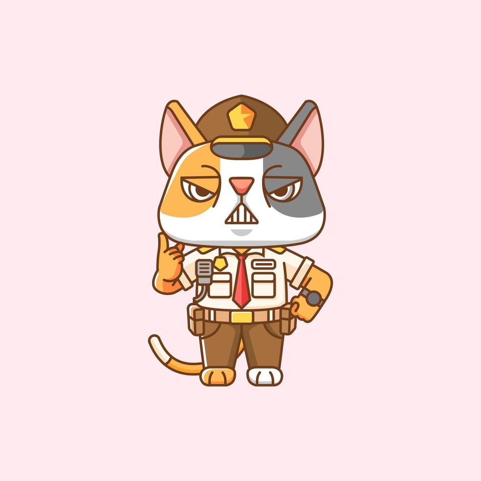 linda gato policía oficial uniforme dibujos animados animal personaje mascota icono plano estilo ilustración concepto vector