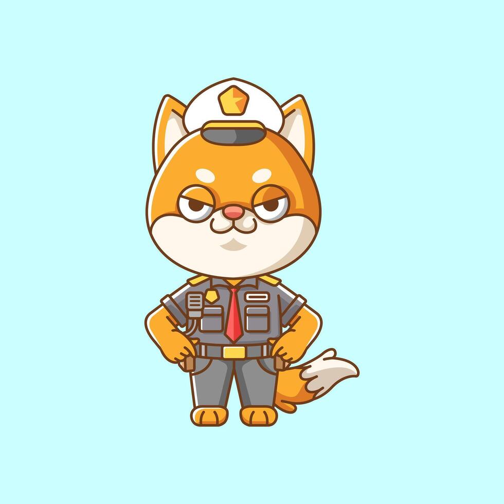 ute shiba inu perro policía oficial uniforme dibujos animados animal personaje mascota icono plano estilo ilustración concepto vector