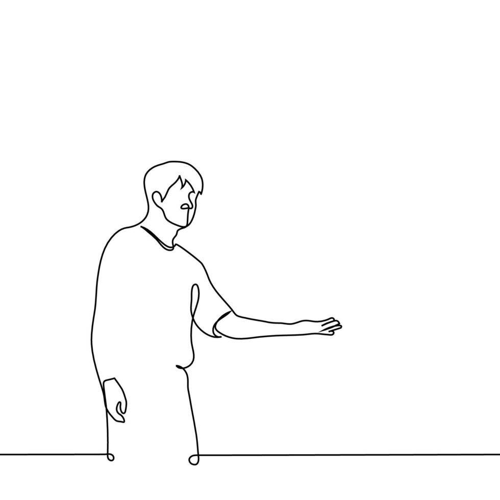 man stands and shows with his hand to his left - one line drawing vector. concept advertiser, host or guide invite showing direction vector