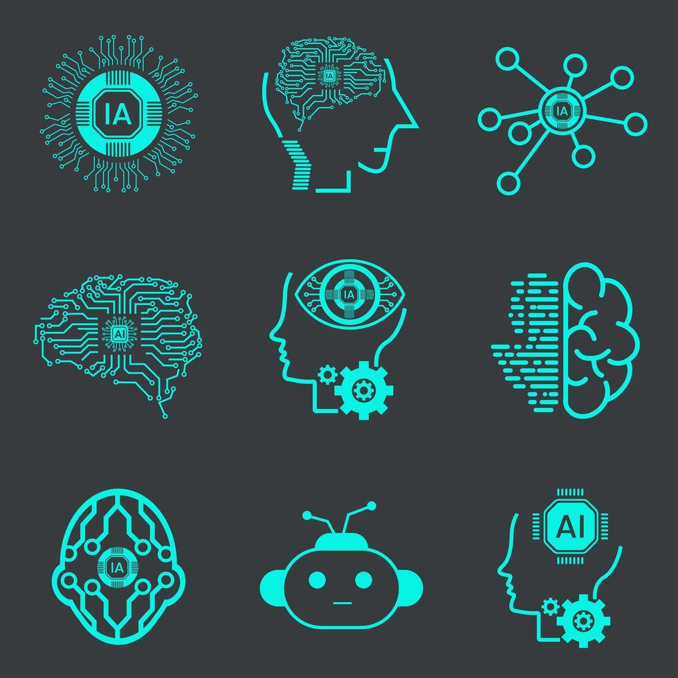 The group of artificial Intelligence icons, symbols, element UIs, Collection of technology icons, such as robot, digital, vr, ai, cyber and  Vector Line Icons Sets