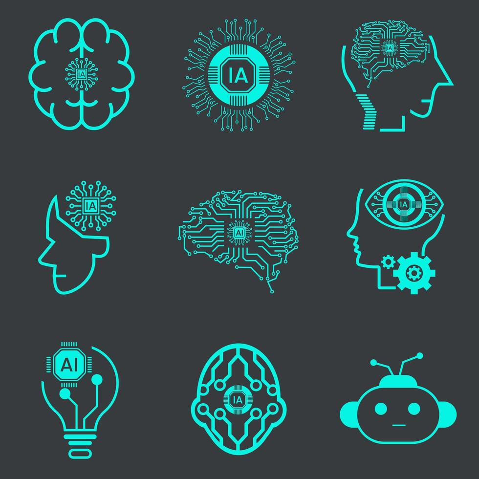 Set of artificial Intelligence icons, symbols, element UIs, Collection of technology icons, such as robot, digital, vr, ai, cyber and  Vector Line Icons design