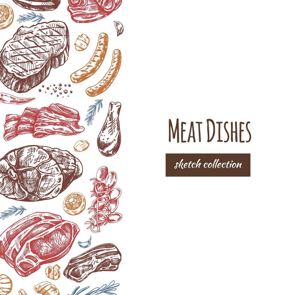 Meat and vegetables menu template in engraved vintage style. Hand-drawn colored sketches of barbecue meat pieces with herbs and seasonings. Background for meat restaurant.. vector