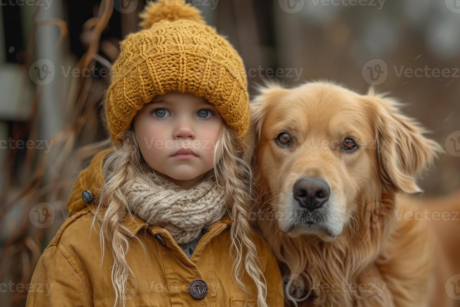 AI generated a baby girl is standing in front of a dog photo