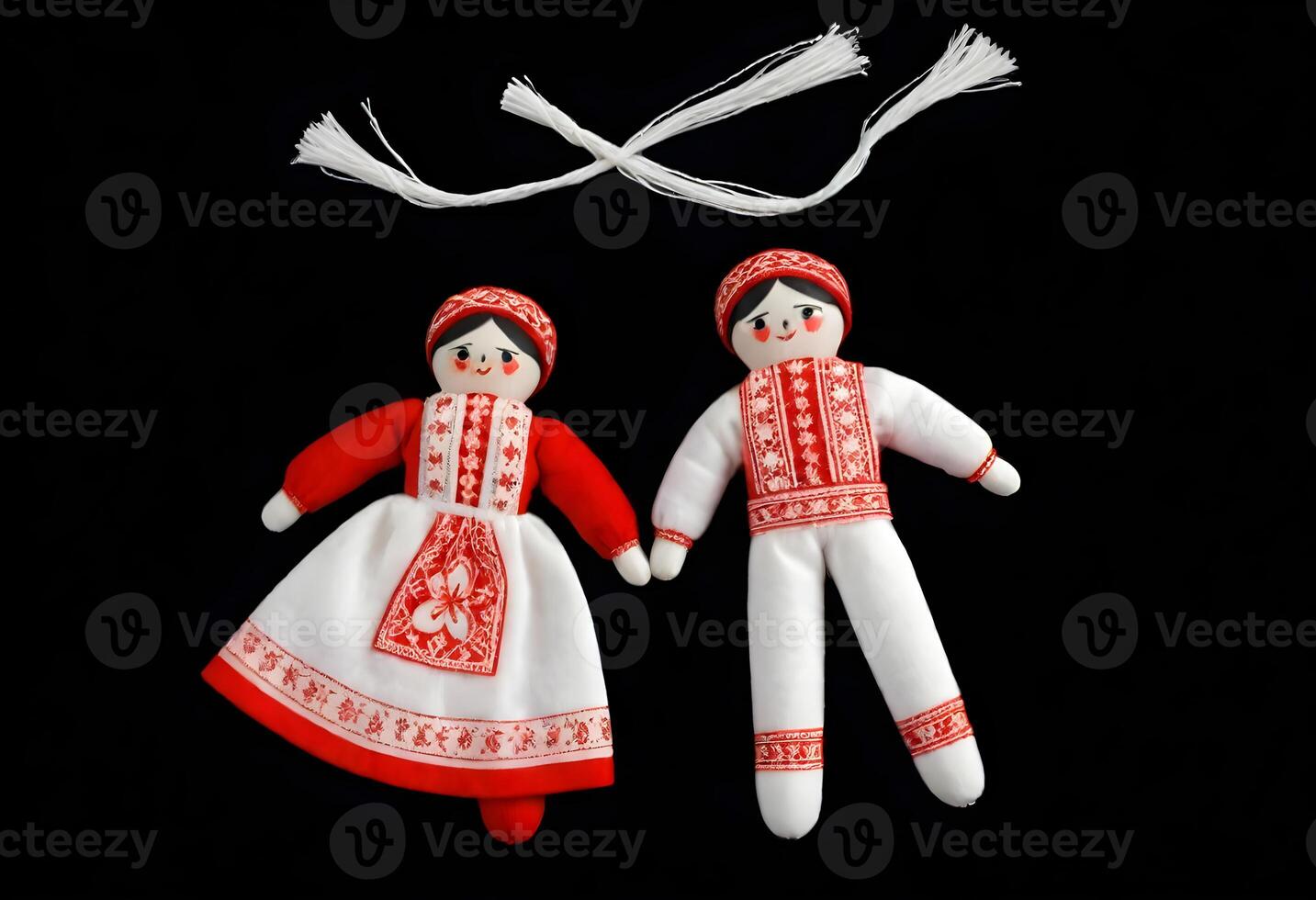 ai generado dos martenitsa muñecas en tradicional ucranio ropa foto