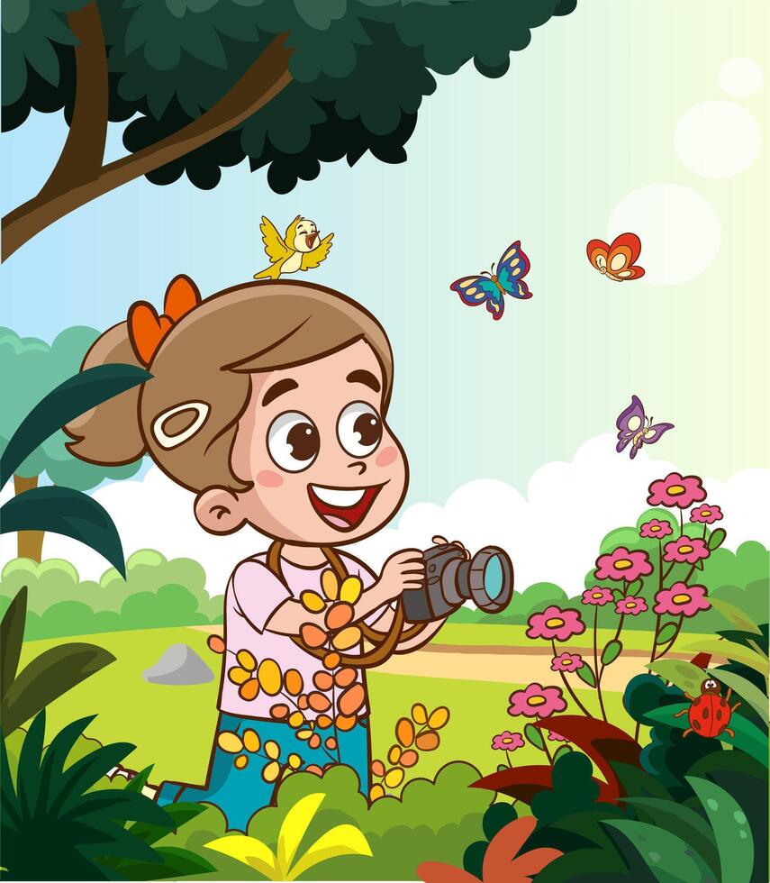 Cute kids character with camera photographing nature.kids taking photo and nautre cartoon vector