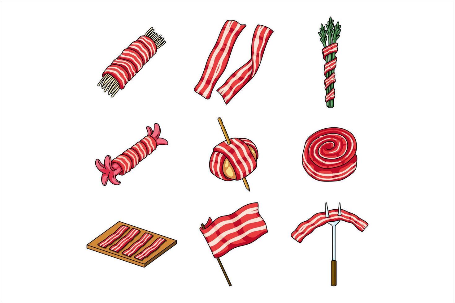 various bacon food illustrations template design with a combination of sausage, asparagus, potatoes, anoki and flag-shaped vector