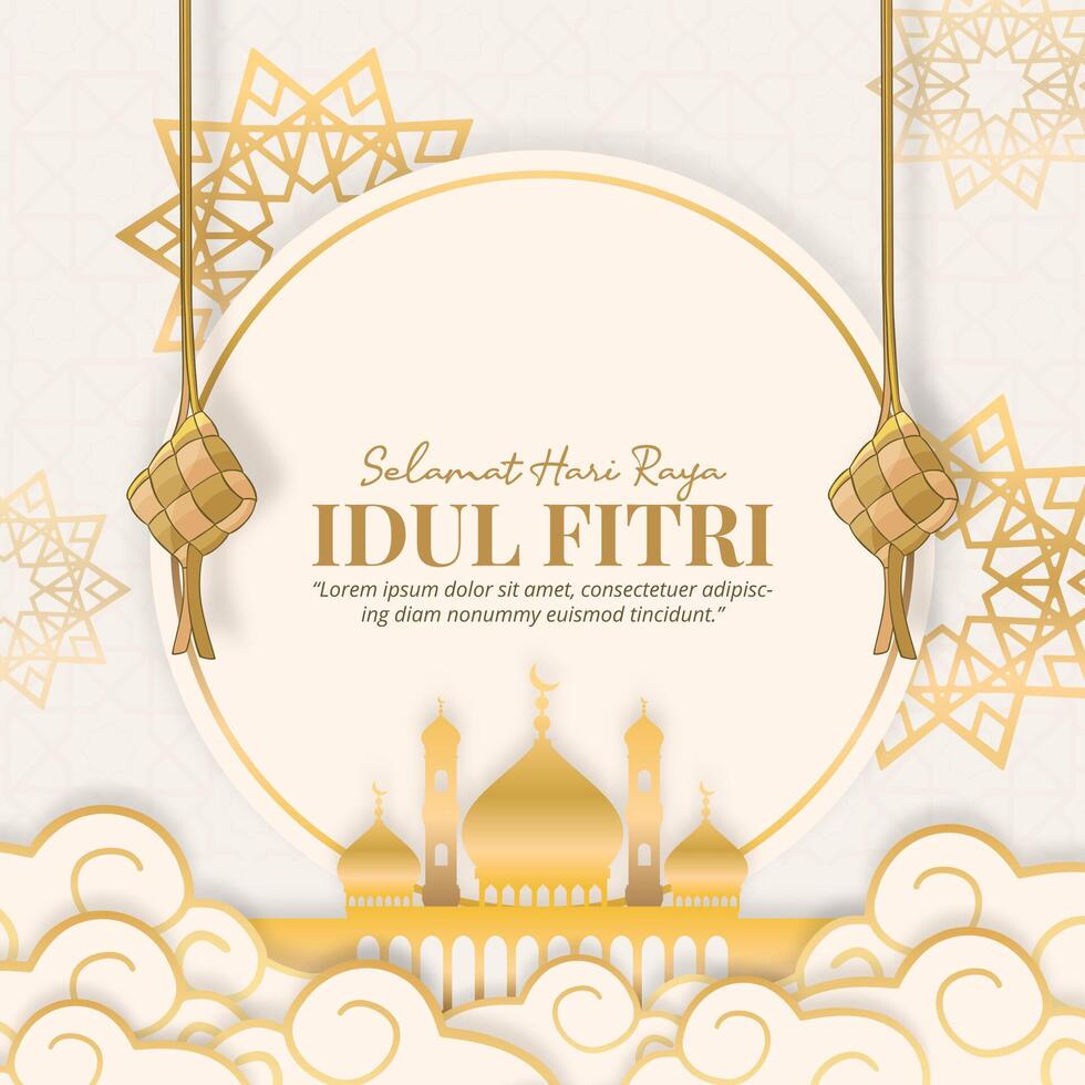 Selamat Hari Raya Idul Fitri or Happy Eid Al Fitr background with Ketupat and mosque vector