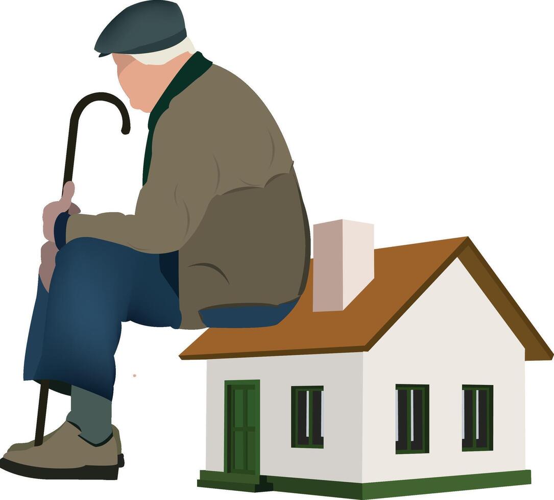 lonely elderly person with the stick sitting on it house vector