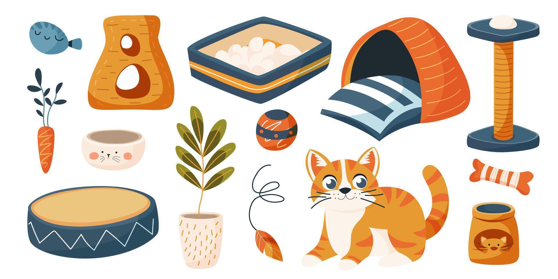 Set of pets goods, accessories for cat.Couch, huts, food, bowl, toys, scratching post, feather, plush fish.Domestic animals shop care, treatment, grooming, entertainment, feeding.Canine, feline stuff vector