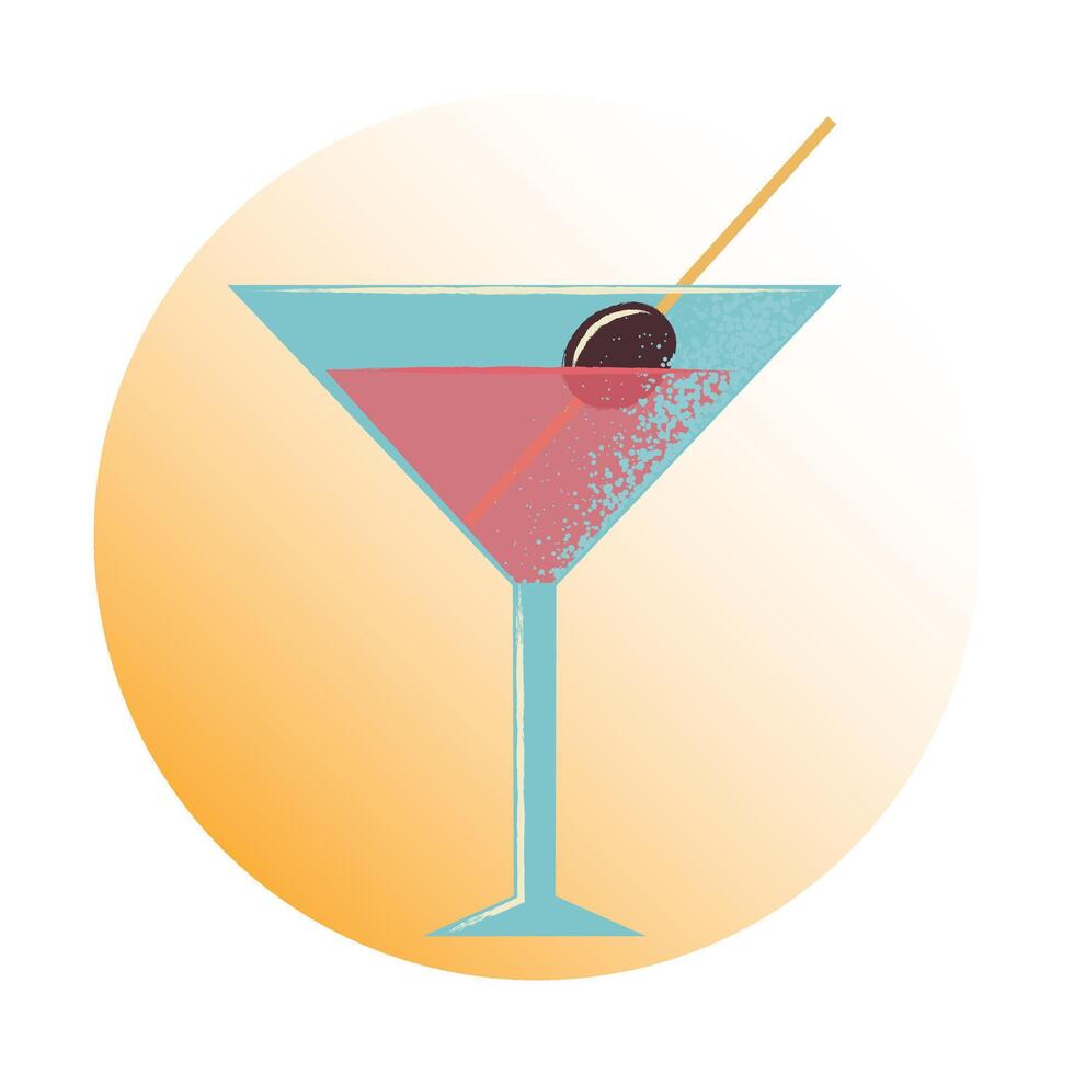 Cool summer cocktail in tegular glass with straw and olive. Sweet drink. Flat vector illustration.