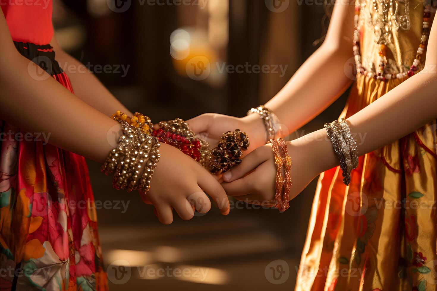 AI generated Siblings exchange colorful bracelets, symbolizing a bond of protection photo