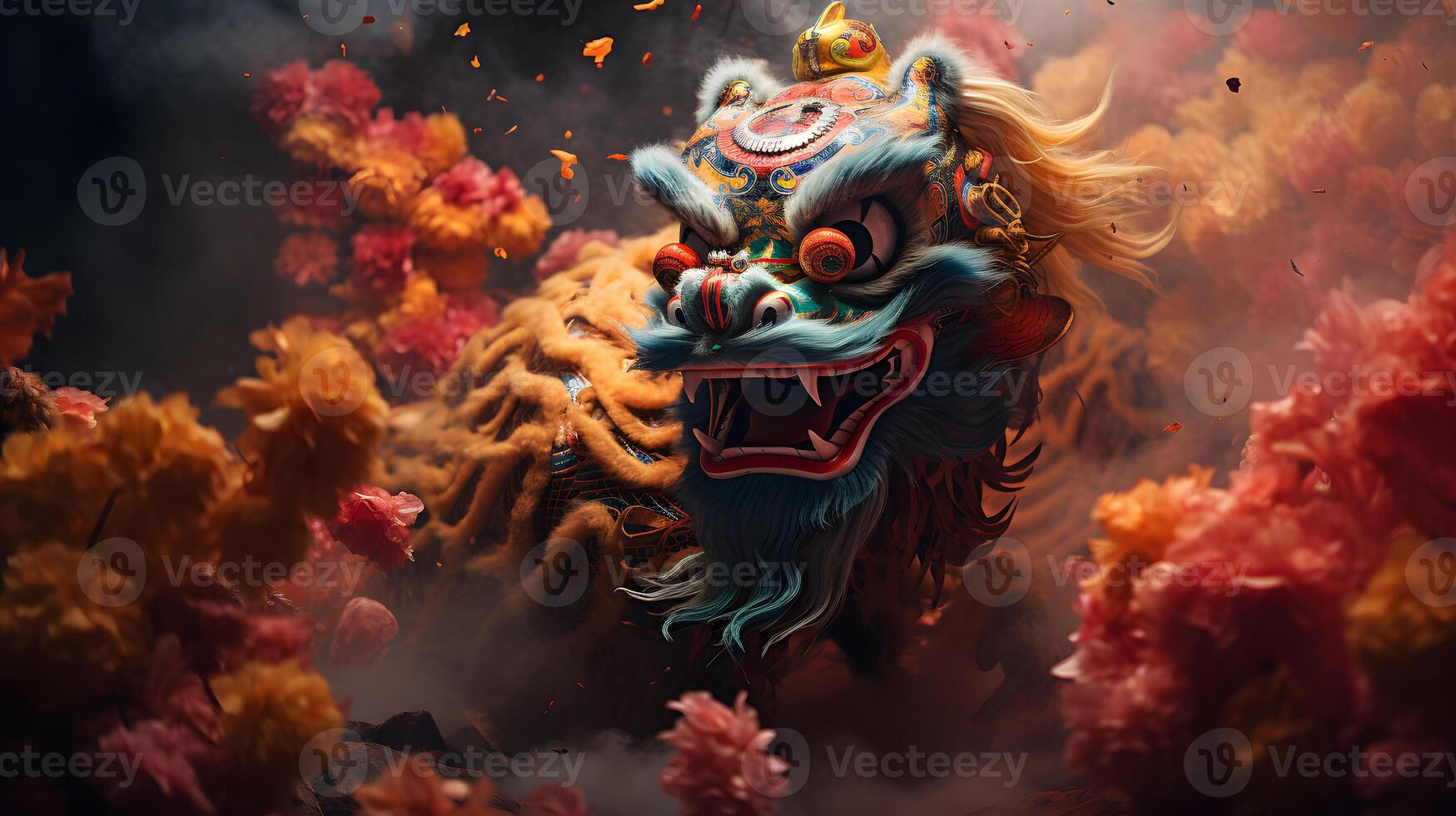 AI generated the cultural richness of Chinese New Year with vibrant dragon and lion dance performances photo