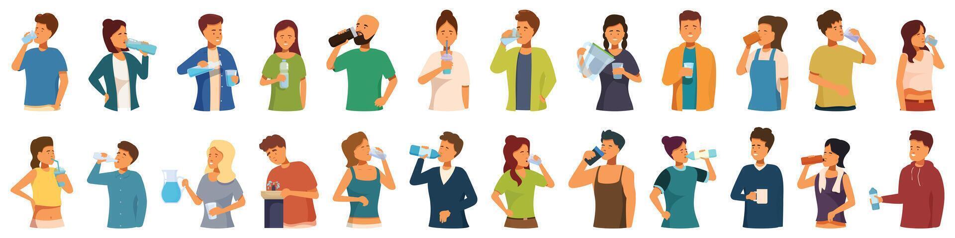 Thirsty people drinking icons set cartoon vector. Bottle glass filter vector