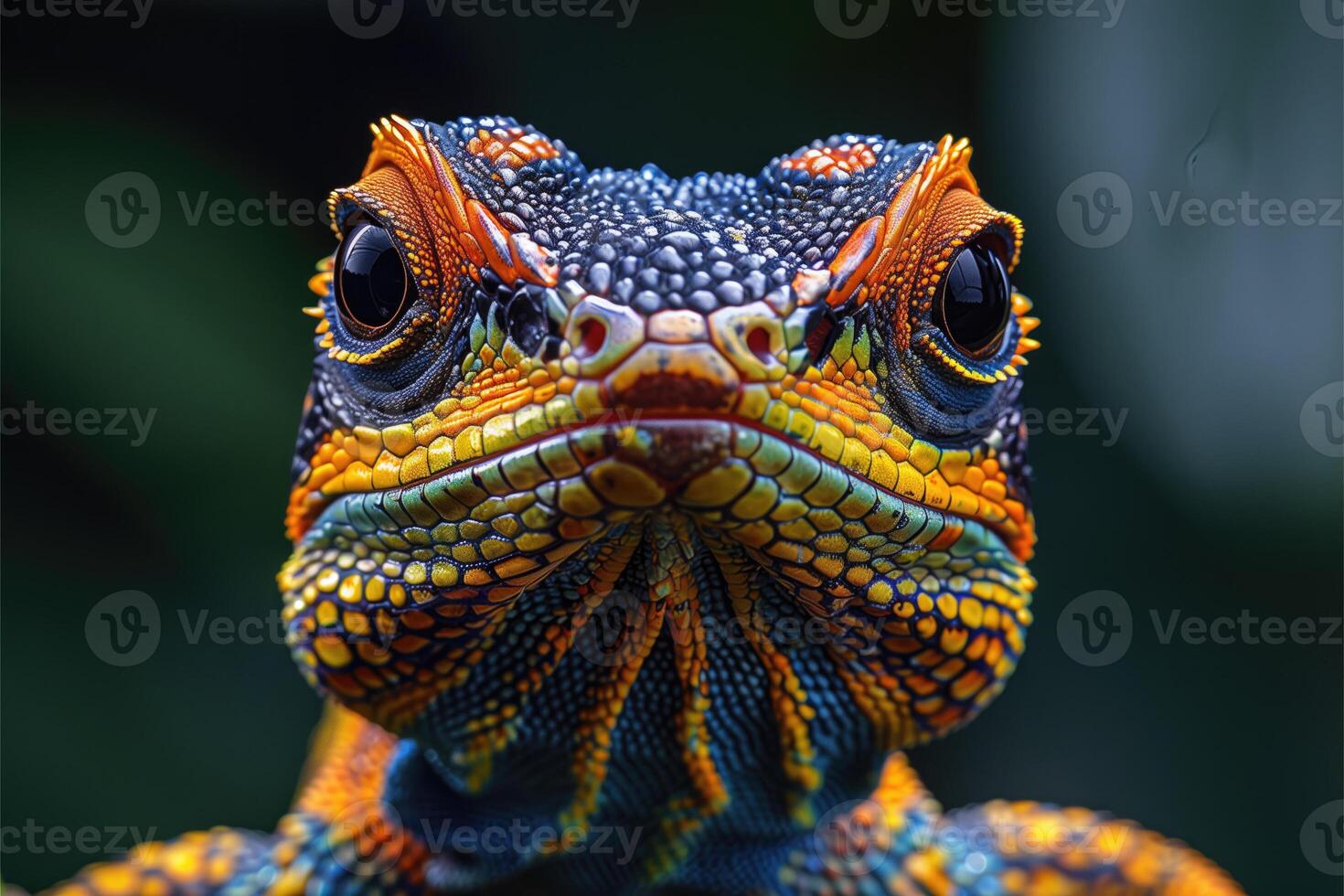 AI generated Close up portrait of a colorful lisard in the nature. photo