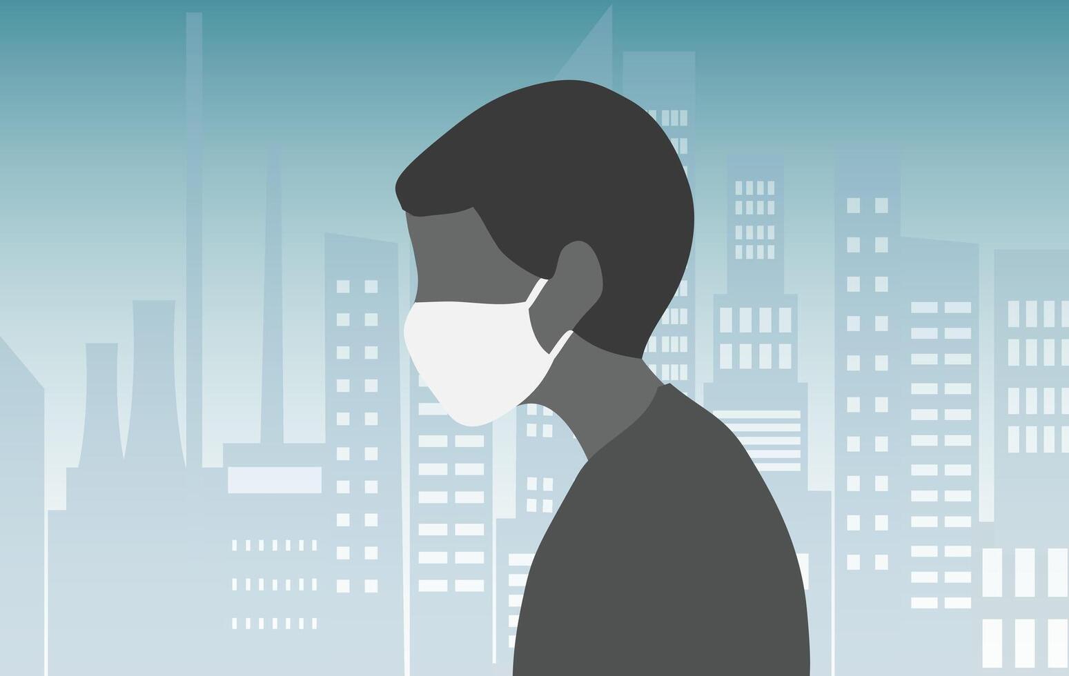 Man wearing face masks tor protect P.M. 2.5 smoke, dust and air pollutionin city, factory pipes and industrial smog vector illustration. Environment and air pollution concept background