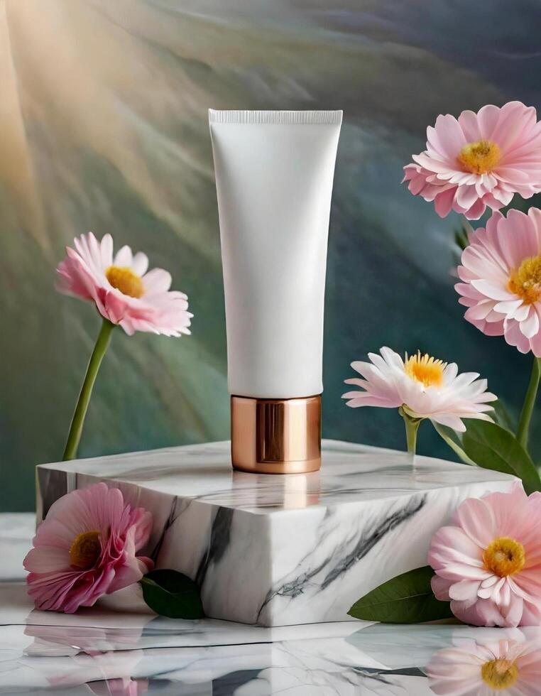 AI generated Blank Cosmetic Tube mockup on podiuum with Flowers and Mountains photo