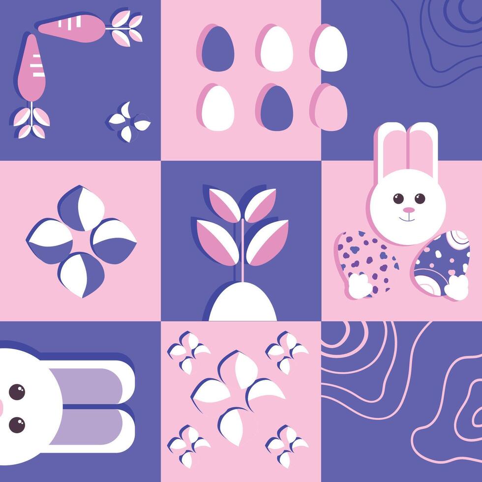Happy Easter teplate with bunny eggs and cute elements in soft colors.Easter modern pattern 2024. Vector Modern geometric abstract style.Easter eggs, bunny. Ideal for poster, cover or postcard