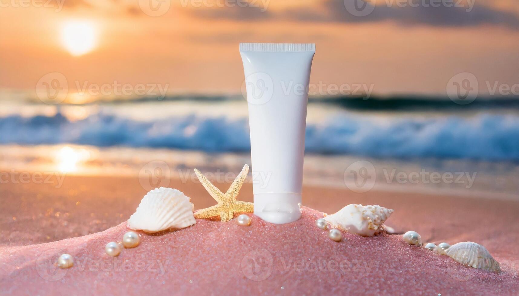 AI generated Blank Tube mockup at the beach surrounded by sheasell, pearl and starfish photo
