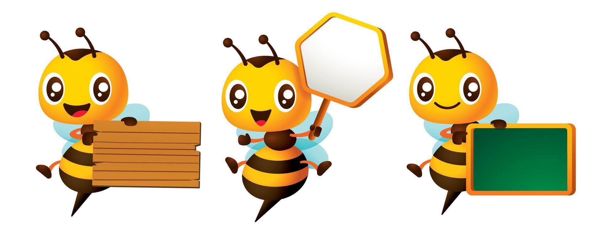 Cartoon cute bee hold signboard variation mascot set. Cute bee carries wooden, honeycomb-shaped signboard and blackboard. Vector character set