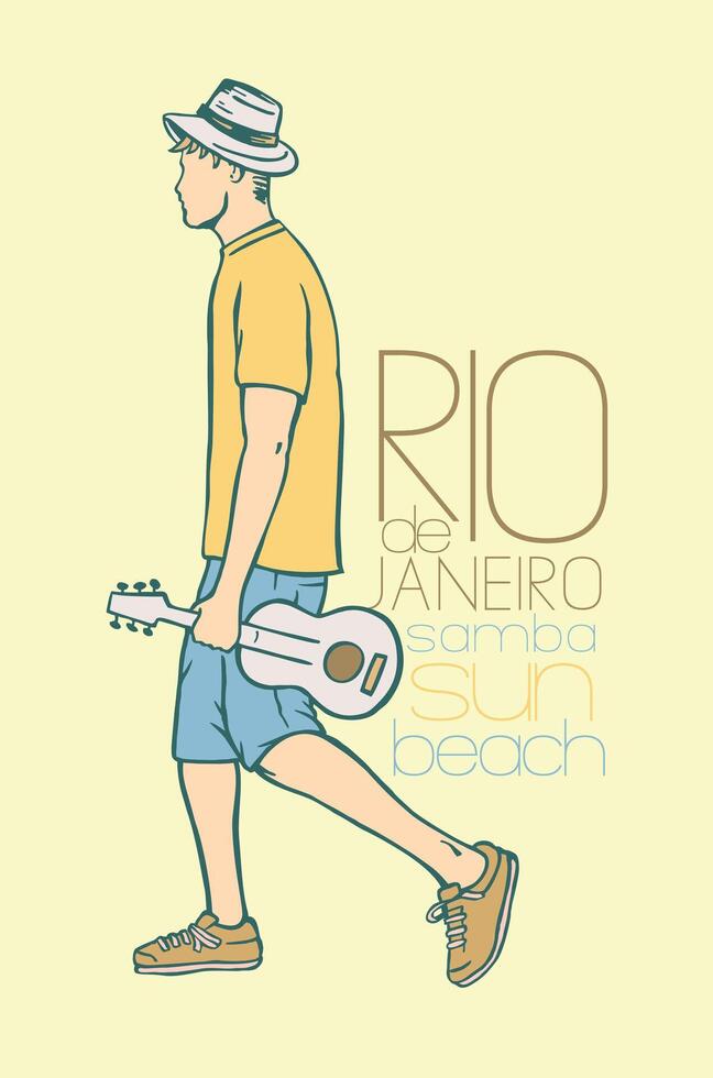 Hand-drawn vector illustration of a person with a cavaquinho. Art with lettering alluding to Rio de Janeiro, Brazil and its lifestyle.