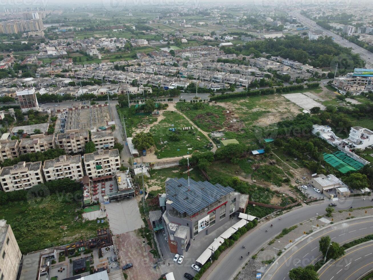 Aerial view of DHA Phase-6, main square, a small town on 2023-07-18 in Lahore Pakistan. photo