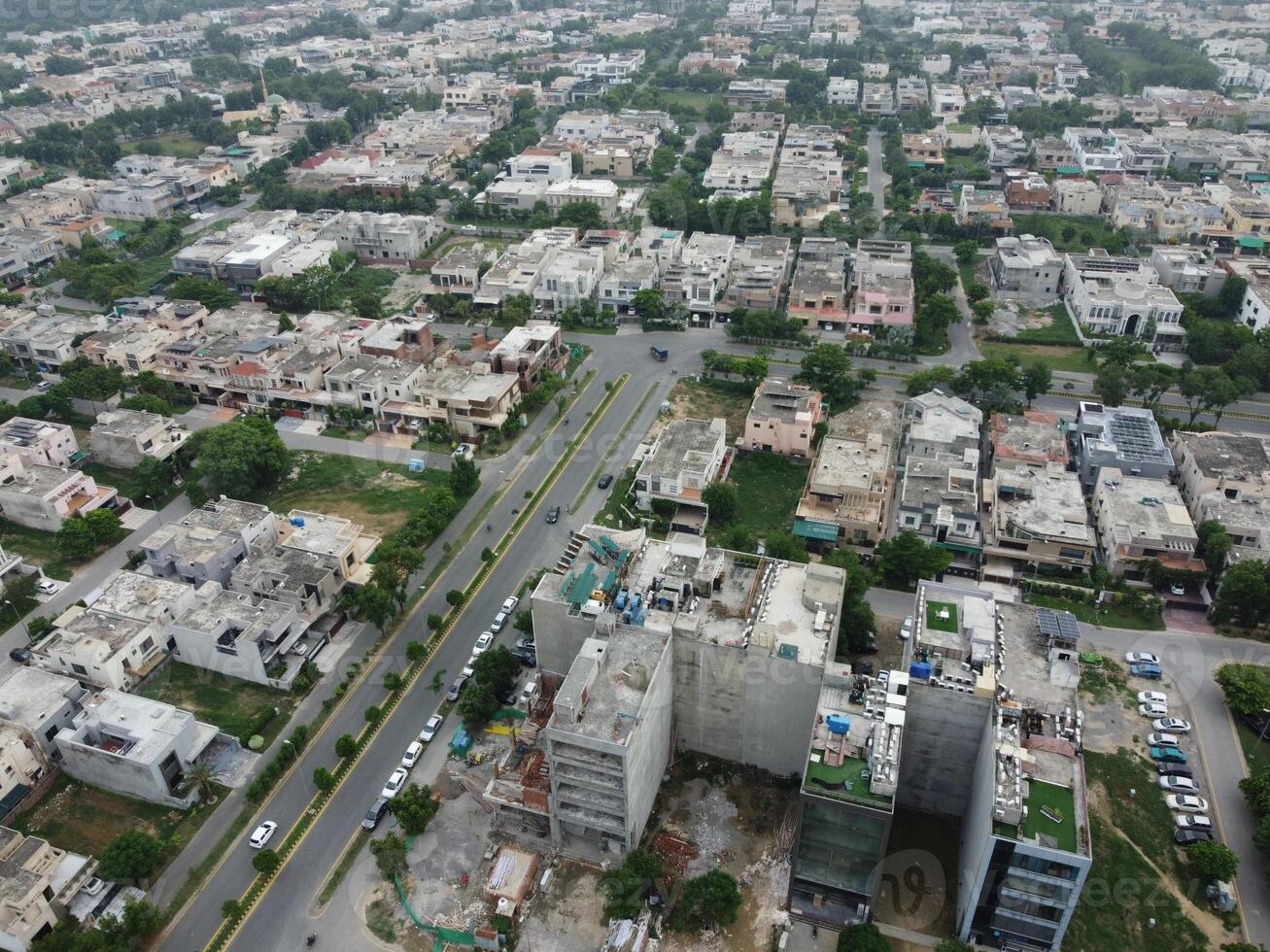 Aerial view of DHA Phase-6, main square, a small town on 2023-07-18 in Lahore Pakistan. photo