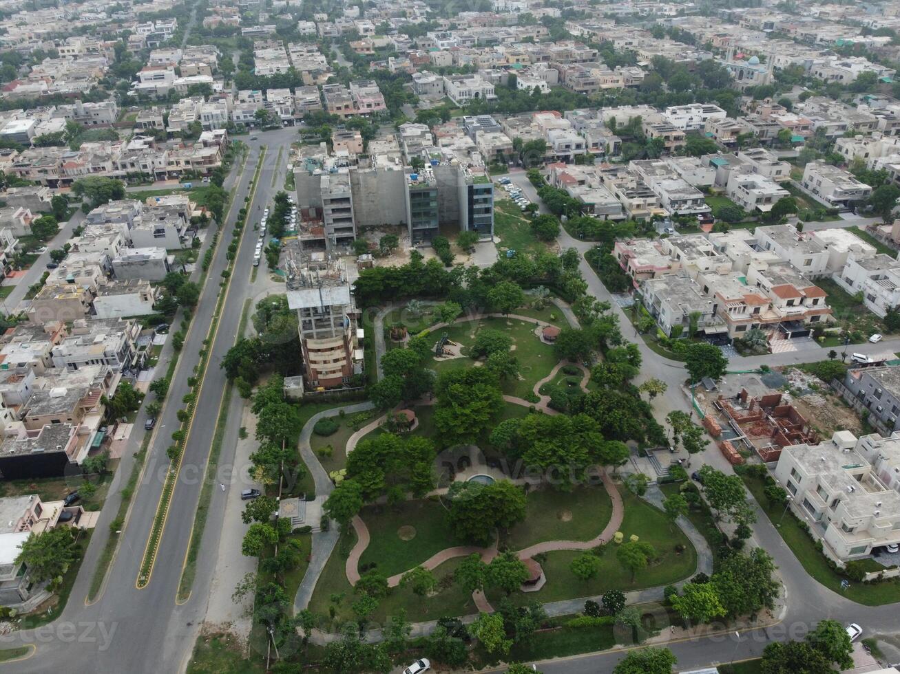 Aerial view of DHA Phase-6, main square, a small town on 2023-07-18 in Lahore Pakistan. photo