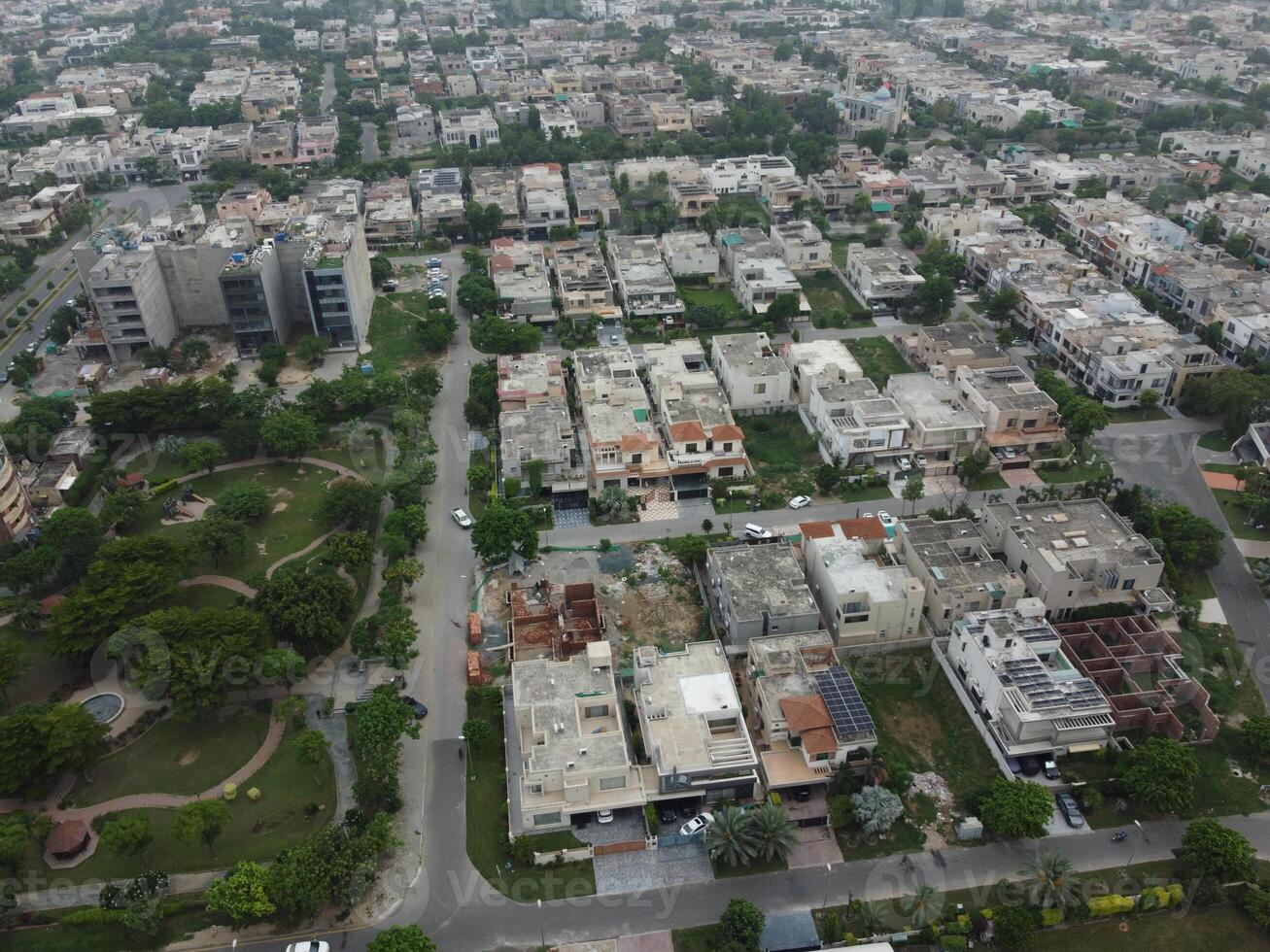 Aerial view of DHA Phase-6, main square, a small town on 2023-07-18 in Lahore Pakistan. photo