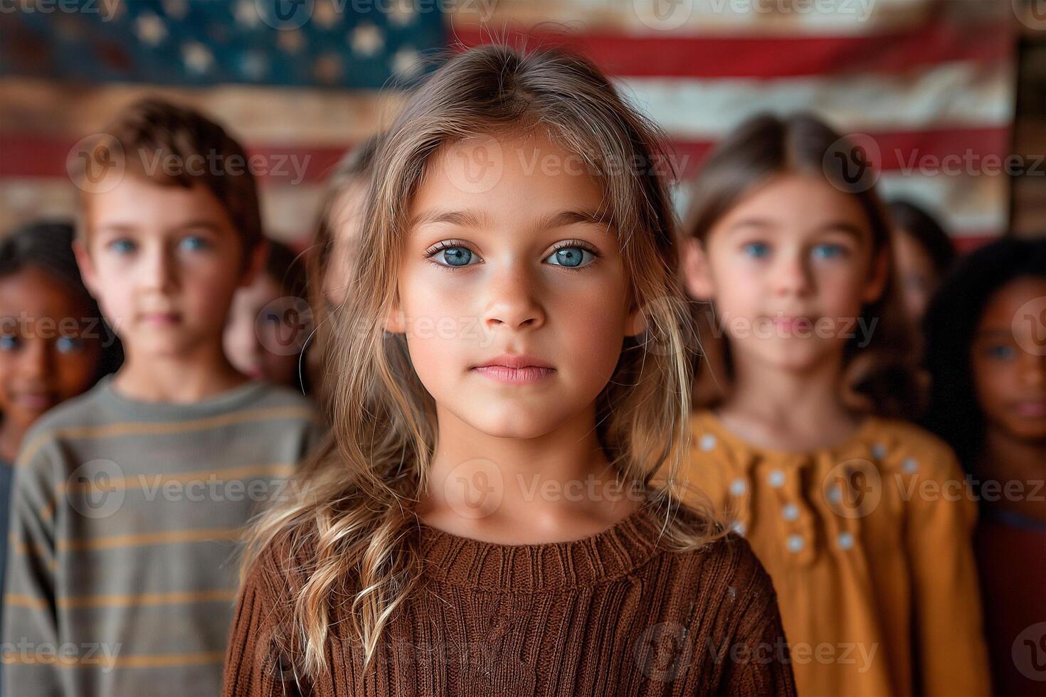 ai generado linda niña y grupo de colegio niños en pie en frente de un grande americano bandera, con orgullo recitando el promesa de lealtad a honor bandera día foto