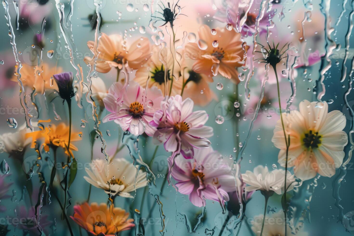 AI generated Vivid Blossoms Beyond a Rain-Speckled Glass Window on a Spring Day photo